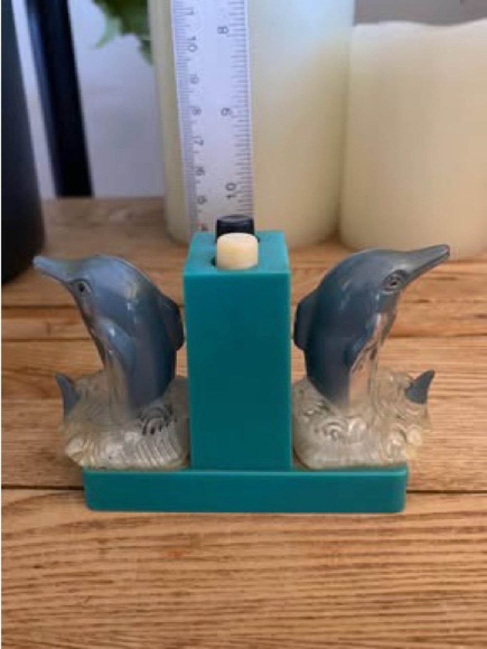 Vintage Novelty Push Button Dolphin Salt and Pepper Shakers - Teal Base